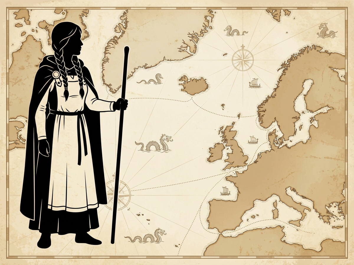 Illustrated silhouette of Gudrid the far traveler against an antique North Atlantic map